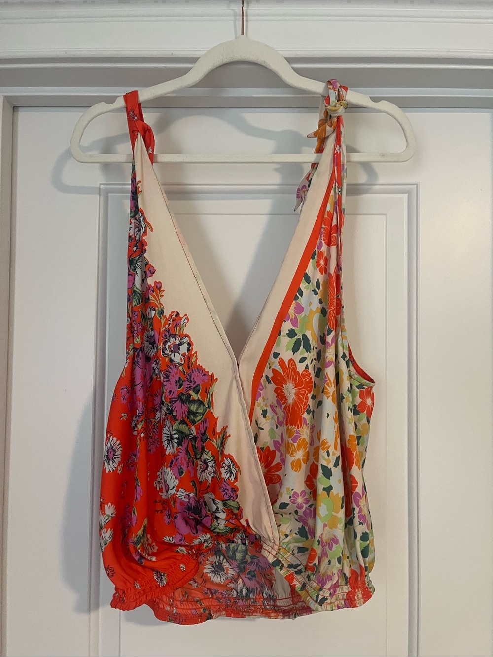 Free People Floral Tie-Shoulder V-Neck Camisole in Red and Cream